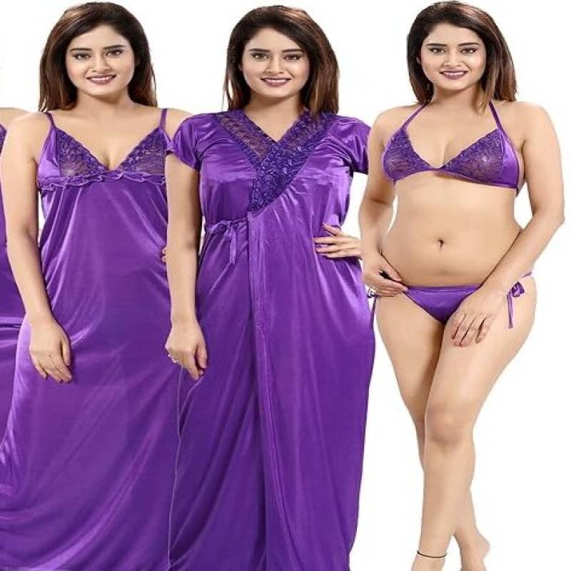 Satin 4 Part Night Dress For Women - purpel